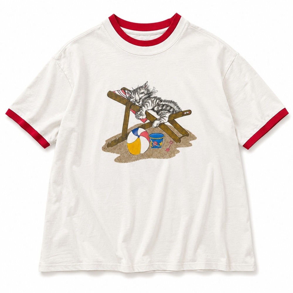 Vtg Gopher Sport Cat Kitten Beach Ringer T-Shirt White Red L Animal Meow Kitty